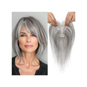 10" Gray Real Human Hair Topper With Bangs, 360° 3D Cover Clip in Extensions